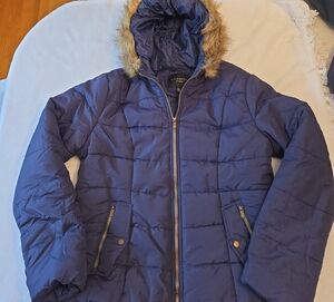 Celebrity Pink Navy BluePuffer Jacket with Faux Fur Trim